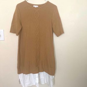 Tan knit dress with short sleeves and faux button down shirt.